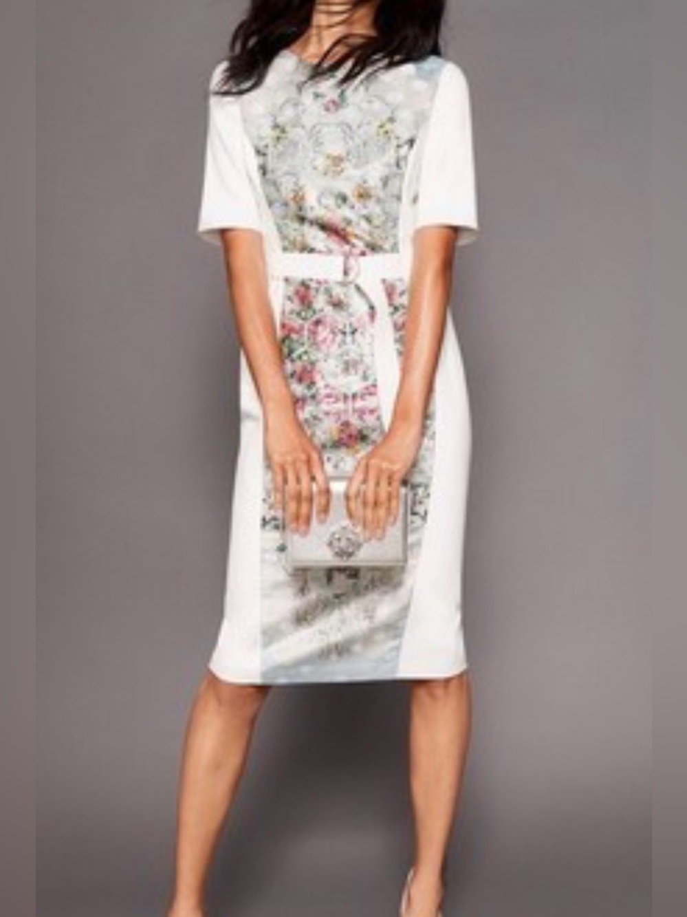 Ted Baker White Dress with Pink Floral Panel and Belt